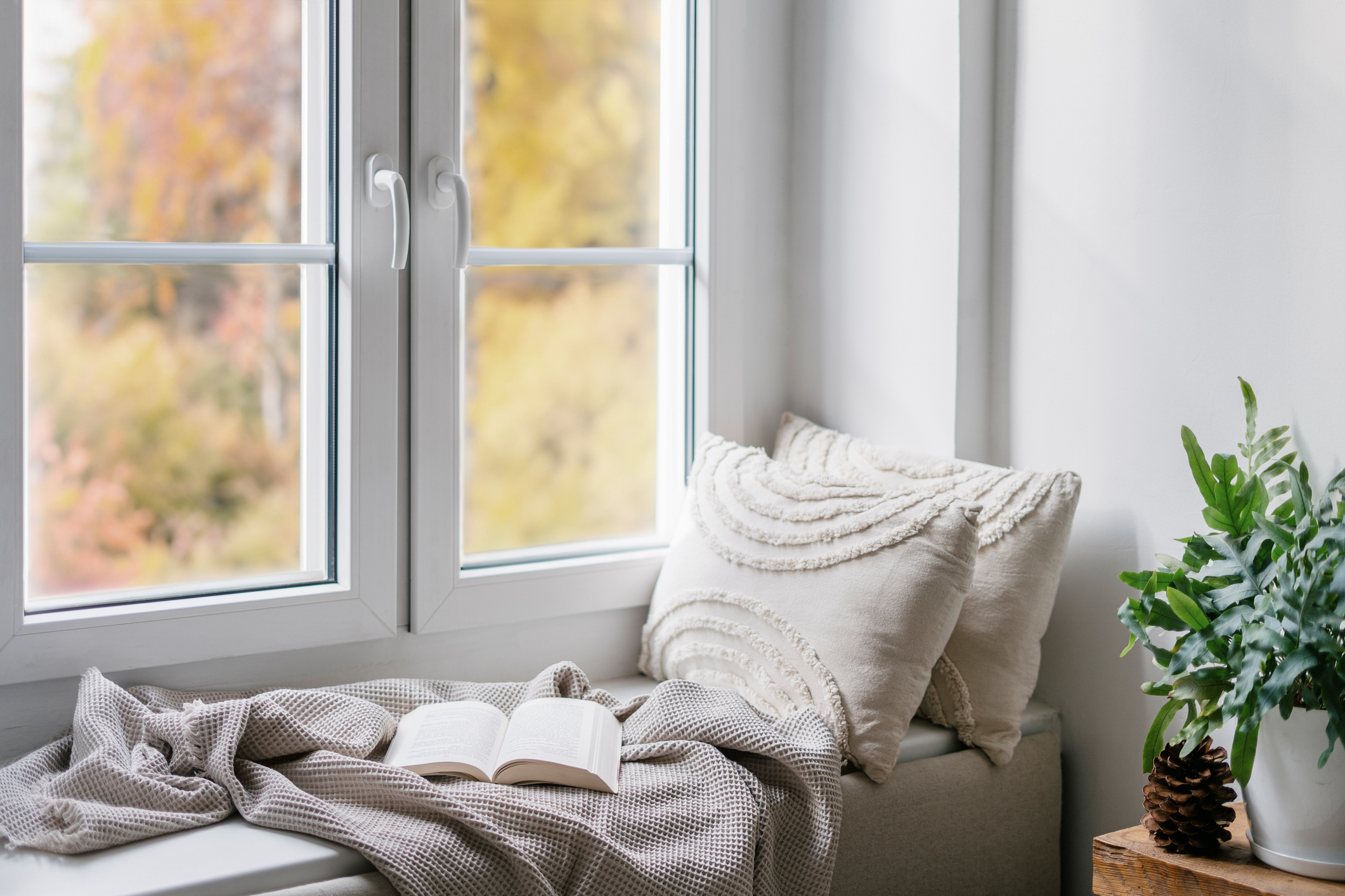 Home interior with cozy leisure area beside window with view on nature in autumn. Windowsill with blanket, cushions and paper book in a Scandinavian style room. 
