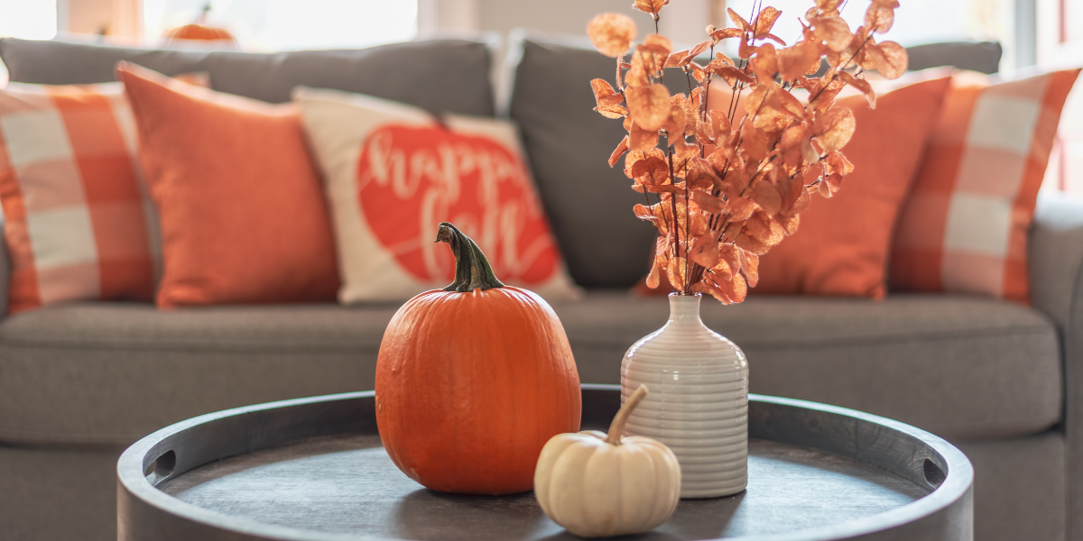 Gourd decorations and fall colors on a coffee table in front of a sofa with pillows that have fall colors and textiles. 