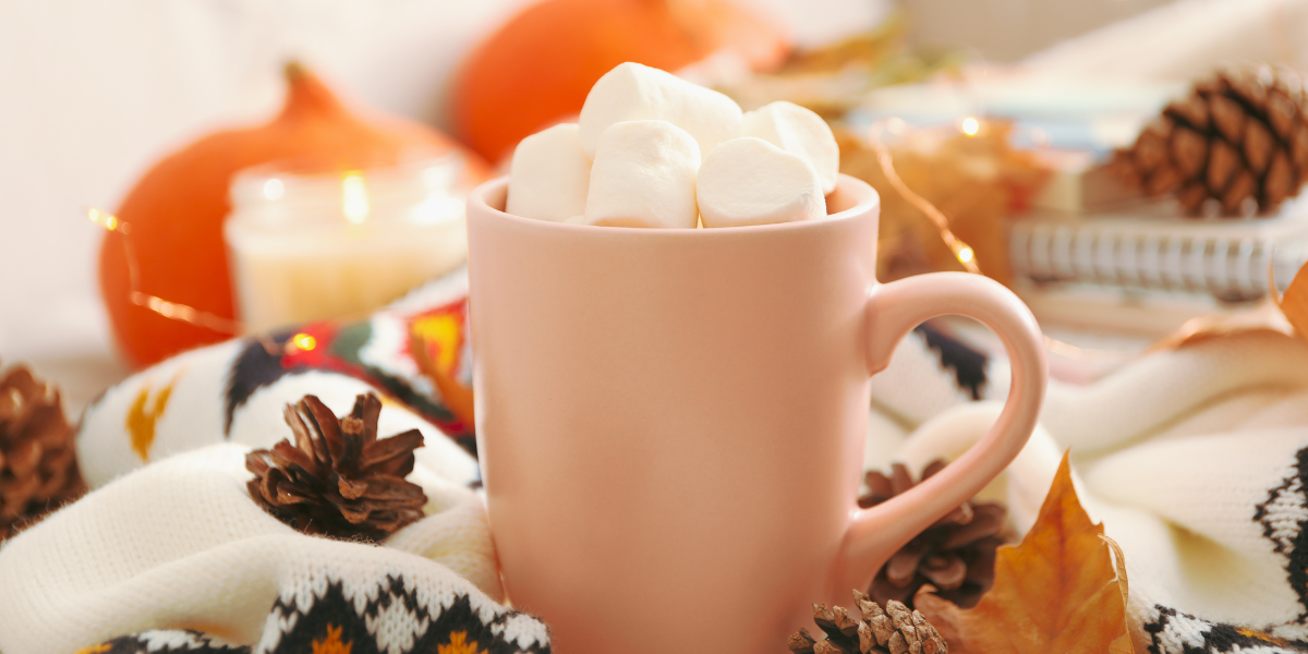 A mug filled with marshmallows surrounded by pinecones, pumpkins and winter decorations