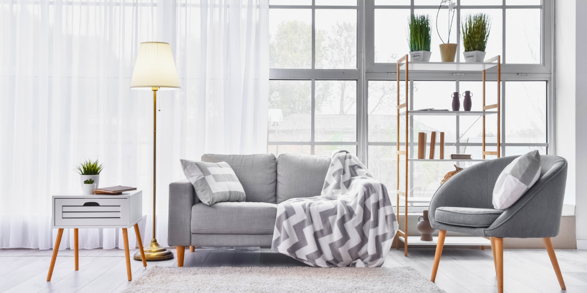 Modern living room with large windows