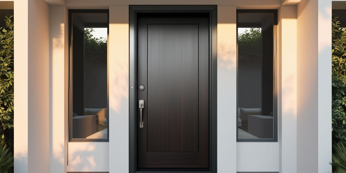 Modern home and door in between two windows and exterior of entryway. 