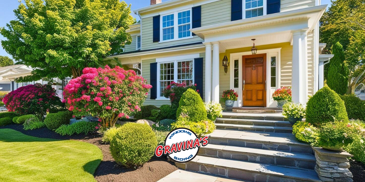 Home exterior with a beautiful wood door.