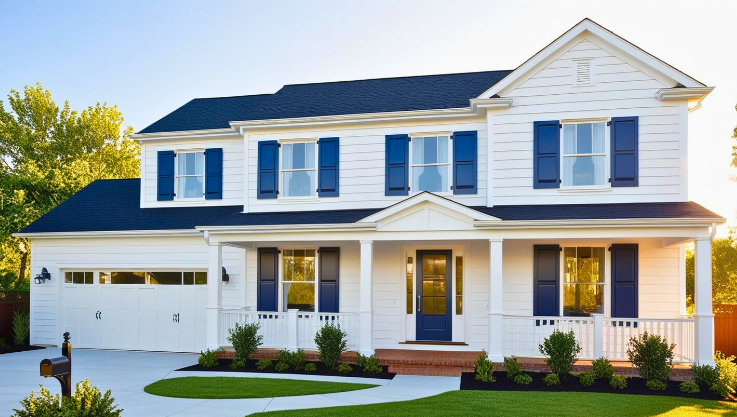 Beautiful family home with colorful shutters that match the door.