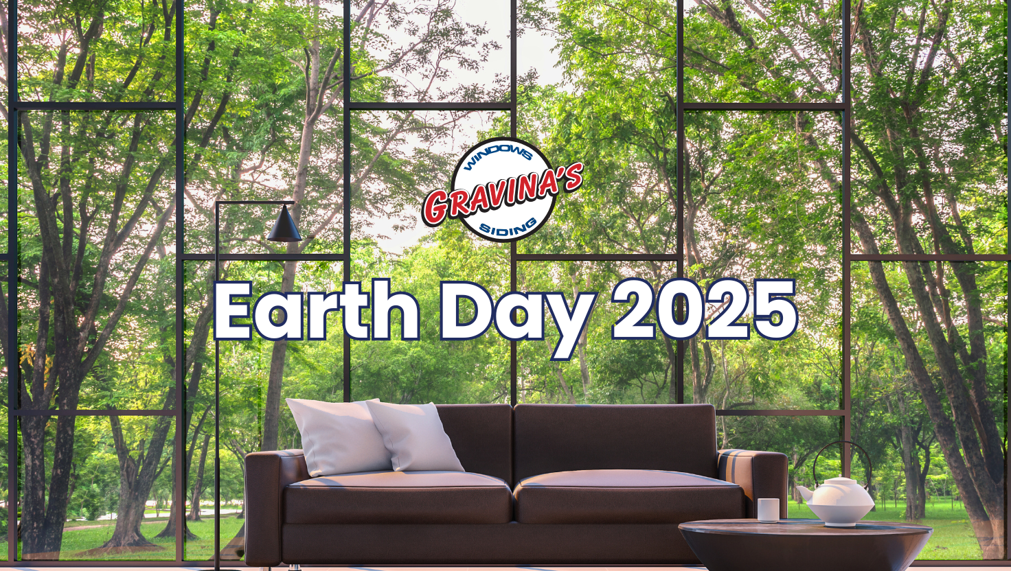 Glass windows with a view of green trees outside.
