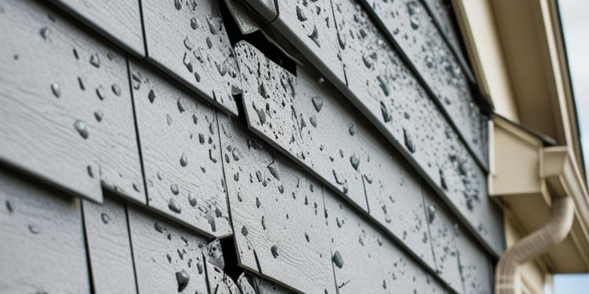 Siding of a house that looks wet and damaged after heavy hail.