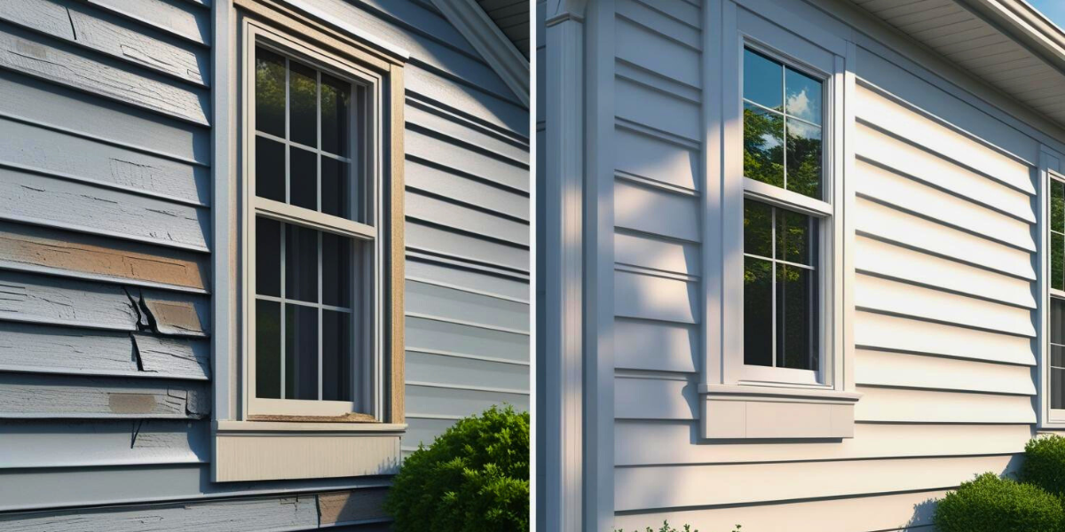 A side-by-side comparison of the siding of a house that has been damaged before repairs and looking fresh after repairs.