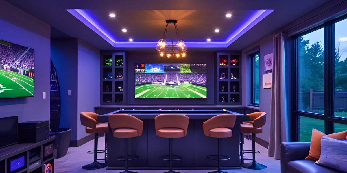 Basement that has been renovated into a sports bar.