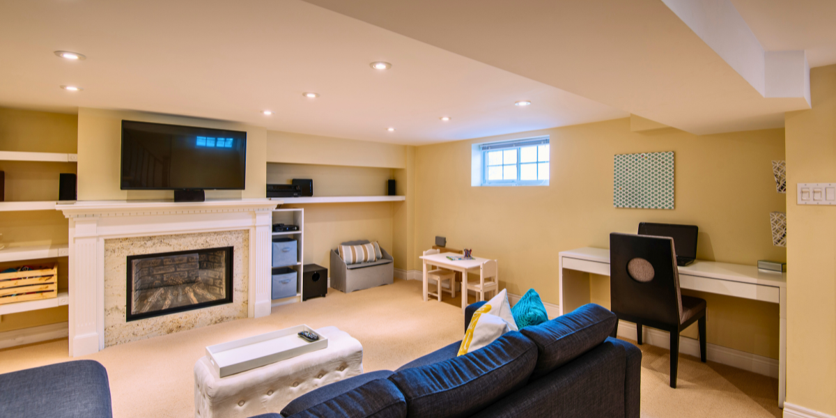 A well lit and bright basement with nicely placed windows.