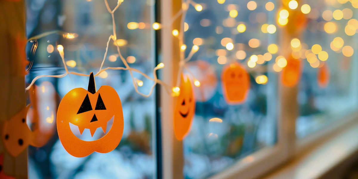 Pumpkin string lights on a window.
