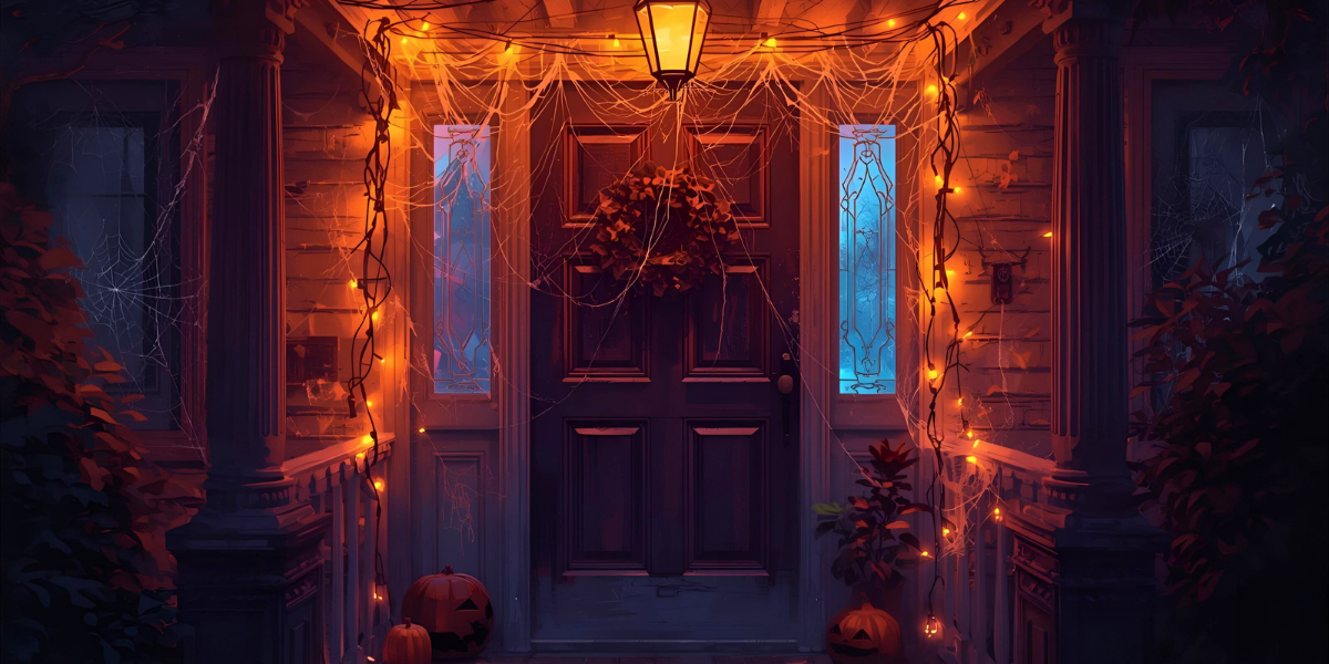 A spooky front porch with string lights around the door. 