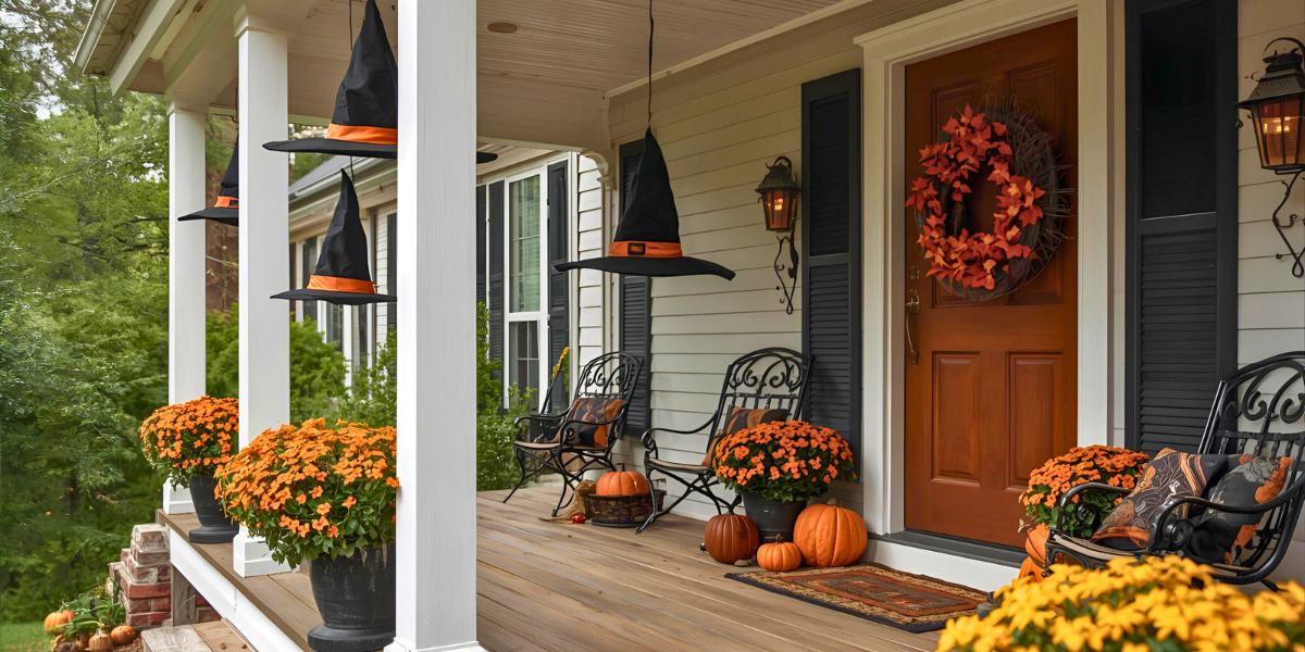 A fall decorated porch with hanging witch hats. 