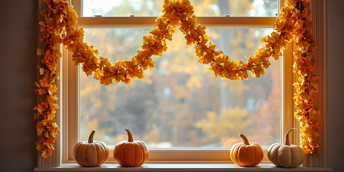 Marigold garland hanging over a autumn decorated window. 