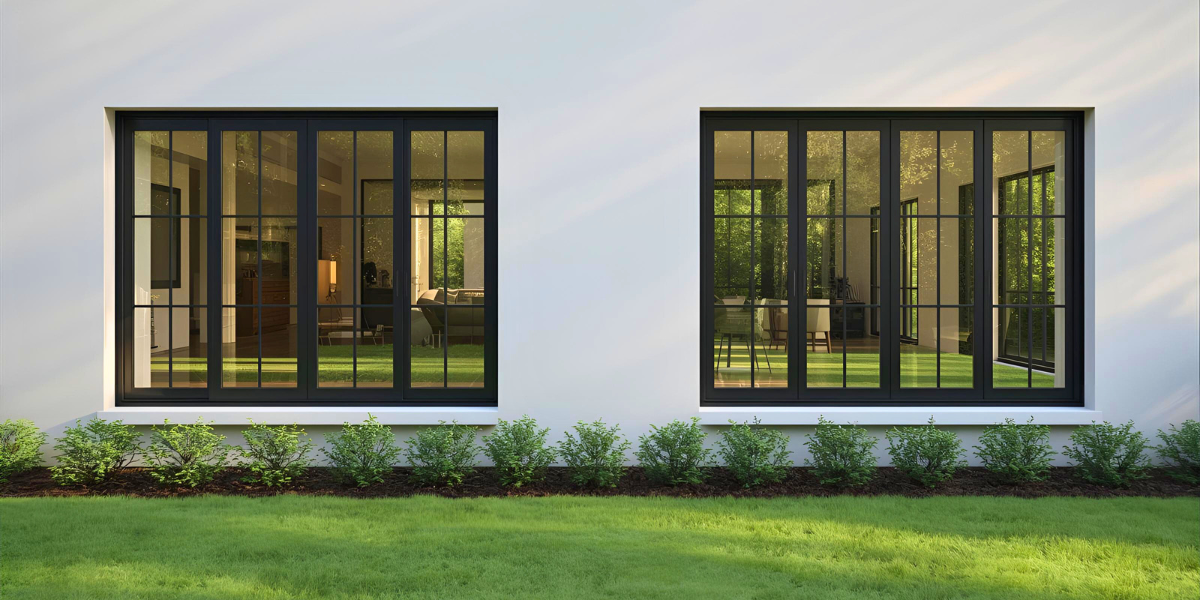 Exterior of a house showing black framed windows.